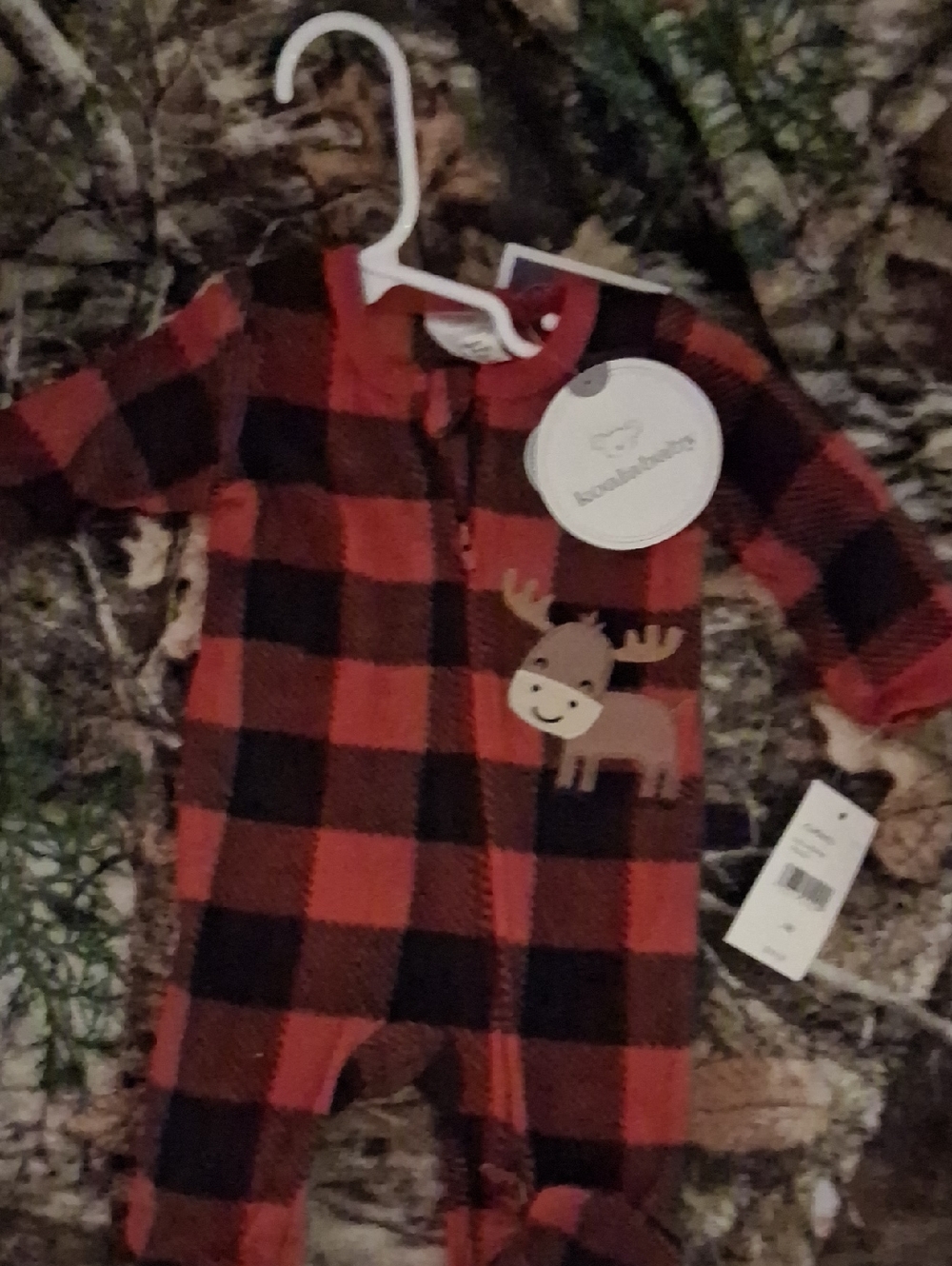 Red and Black Plaid Footed One-Piece with Moose Graphic - Kids
